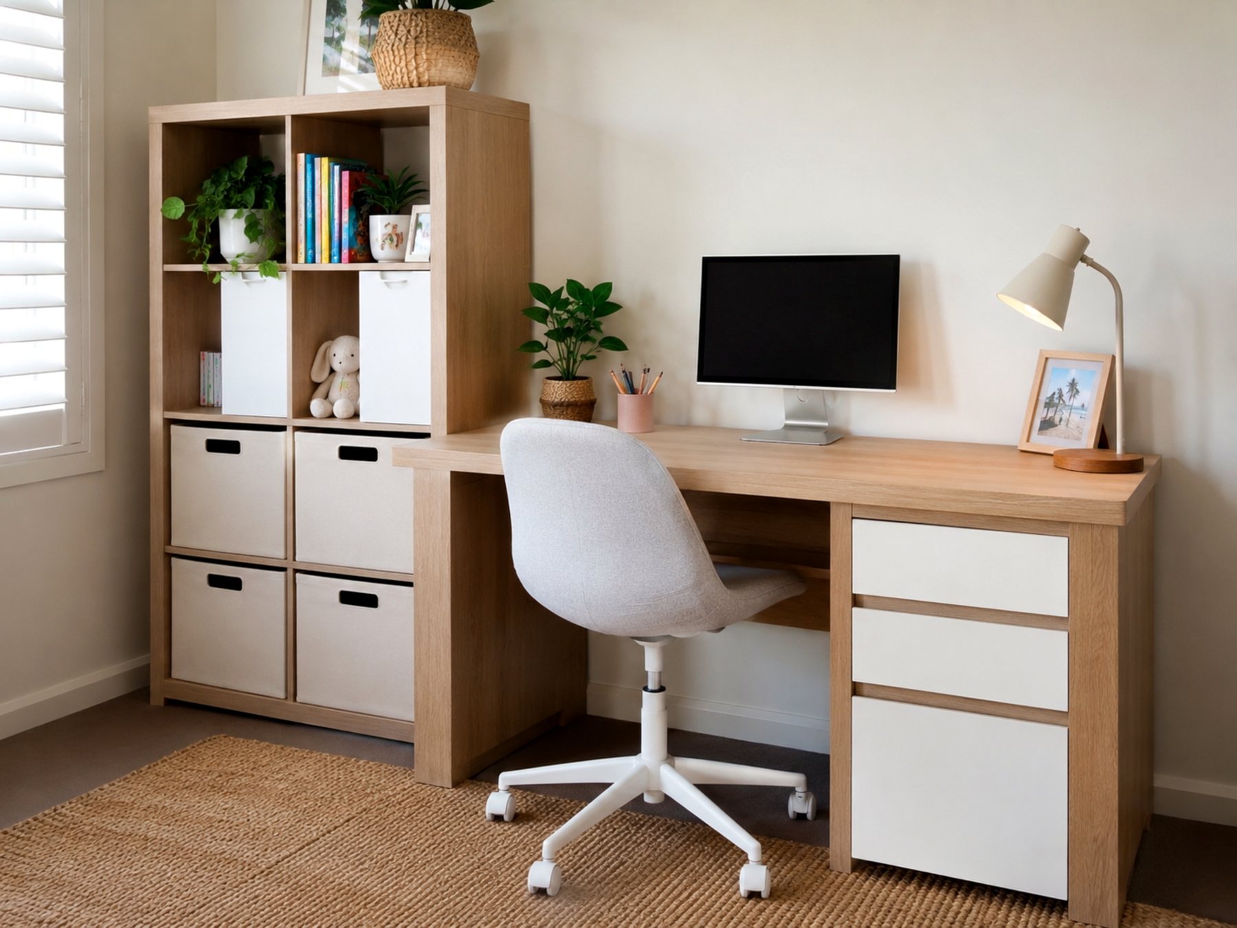 Assembled home office desk and storage unit