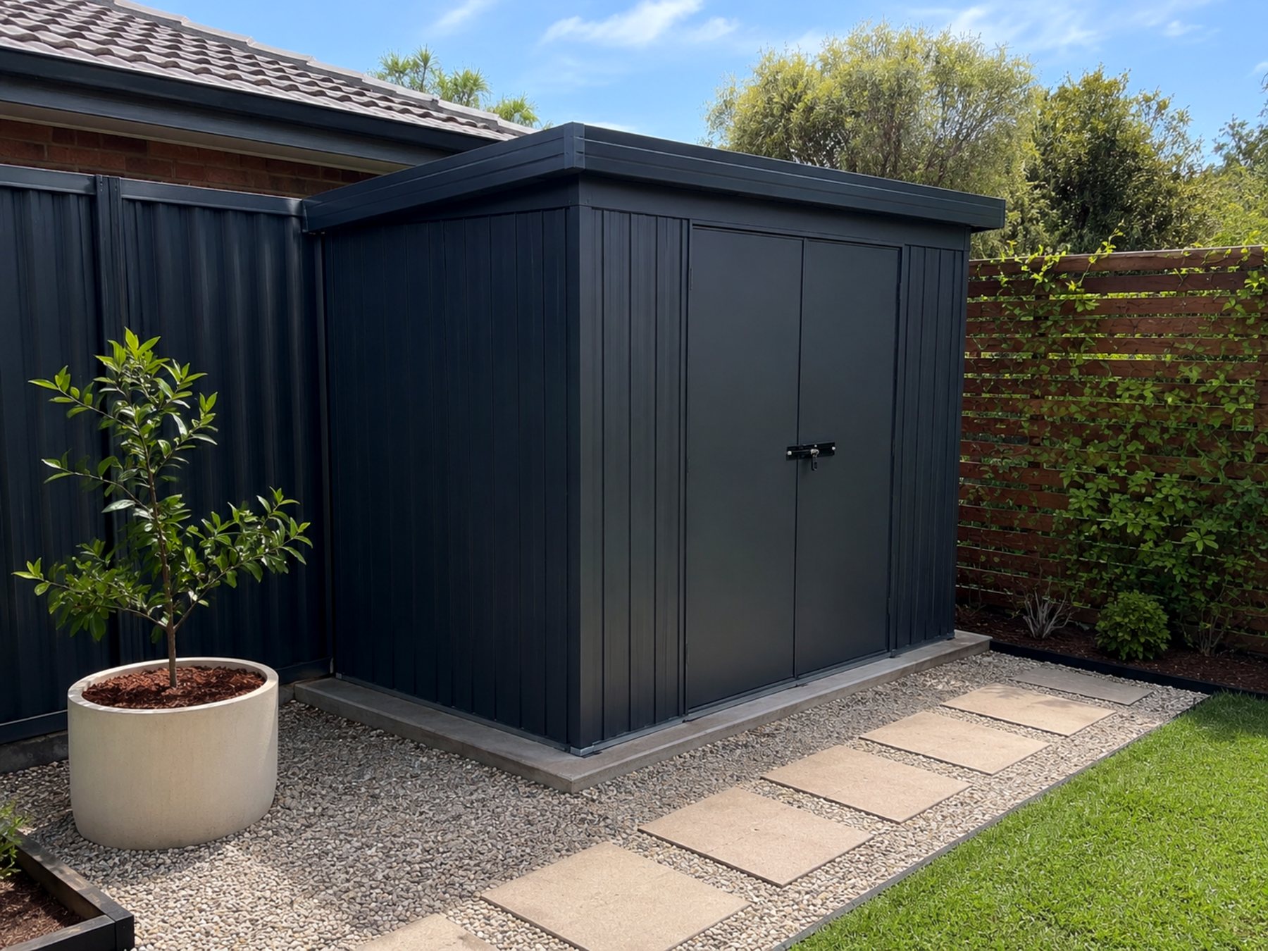 Finished dark garden shed beside lawn and paving