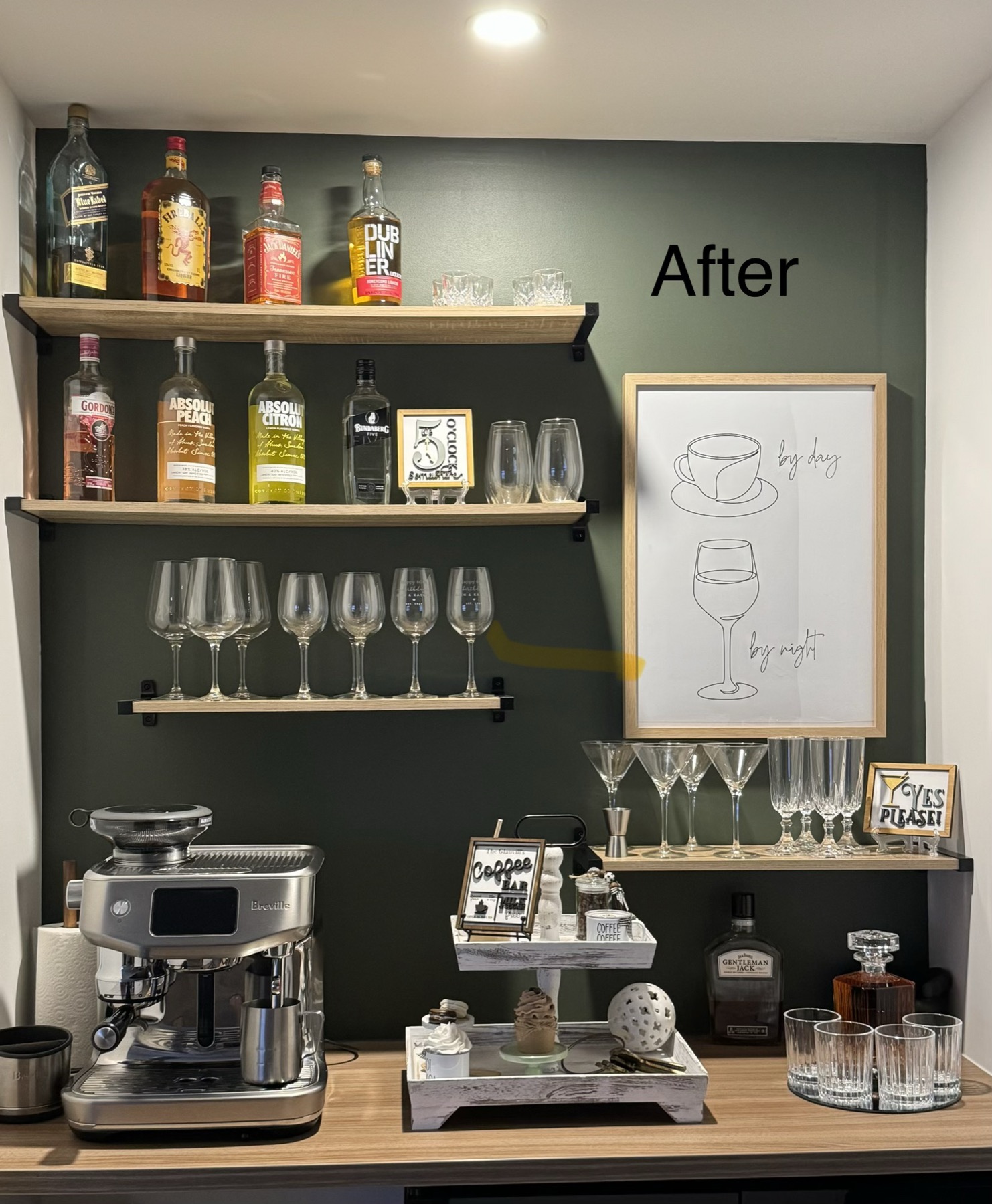 Finished bar and coffee nook with shelves, painted feature wall and glassware